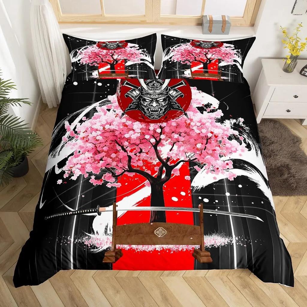 Japanese Samurai Bedding Set Full Size Cherry Blossoms Comforter Cover Red Sun Hokusai Duvet Cover Fuji Mountain Quilt Cover