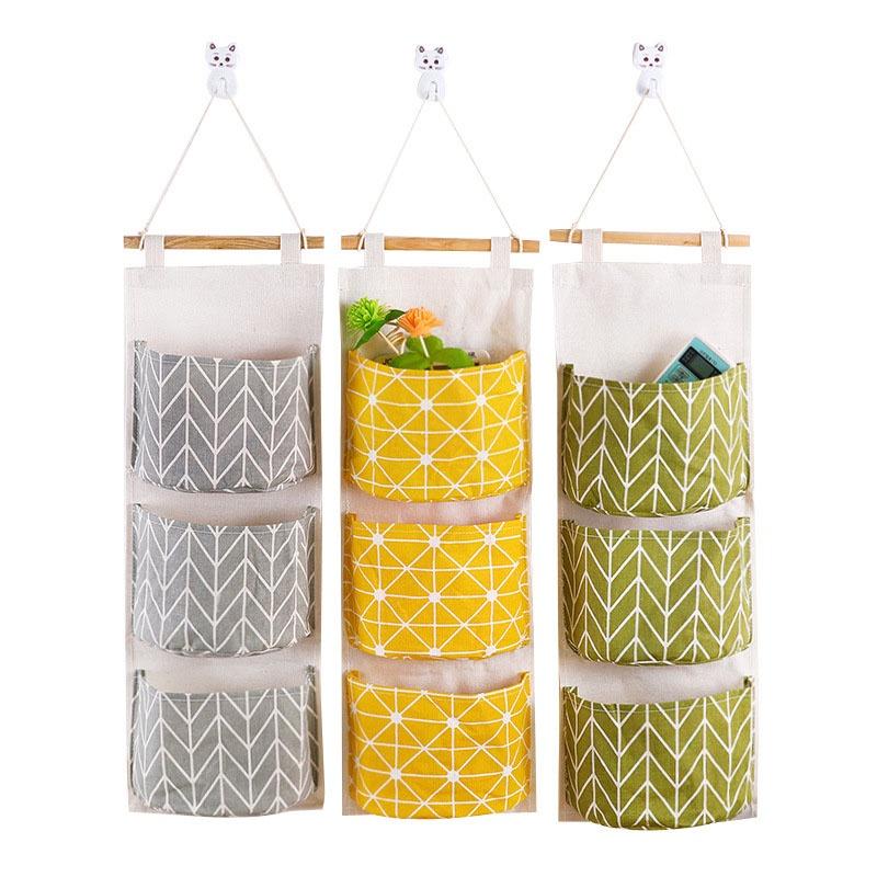 Elegant Space-saving Hanging Storage Bag With Durable Cotton Linen And 3 Pockets For Sundries