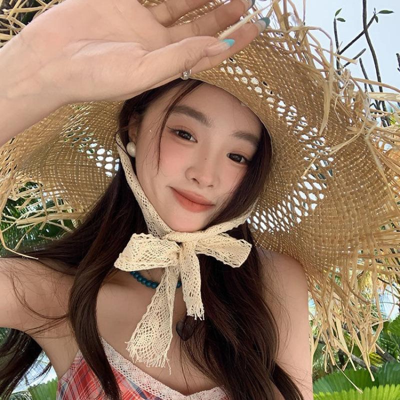 Spring and Summer Hollow Woven Big Hair Beard Edge Lafite Straw Hat Outdoor Travel Photo Vacation Sunshade Beach Big Eaves Hat