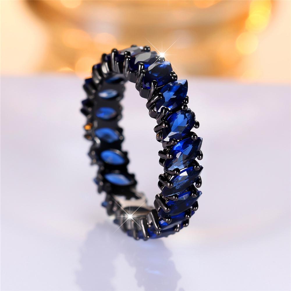 Luxury Cute Female Blue Zircon Stone Ring Vintage Fashion Black Gold Color Wedding Jewelry For Women