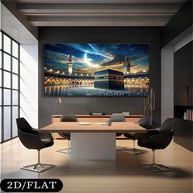 Kaaba At Mecca with Crescent Moon & Starry Sky Canvas Painting Wall Art, Frameless Islamic Wall Art for Living Room Decor