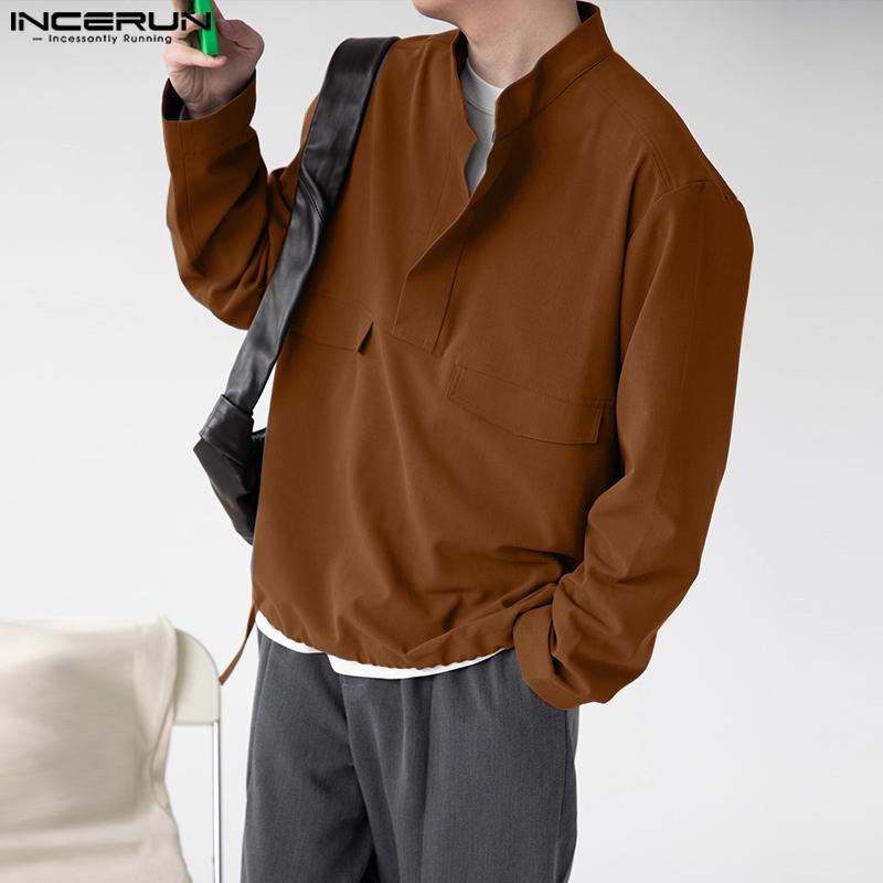INCERUN Men Stand Neck Long Sleeve Solid Color Casual Loose Shirts Tops