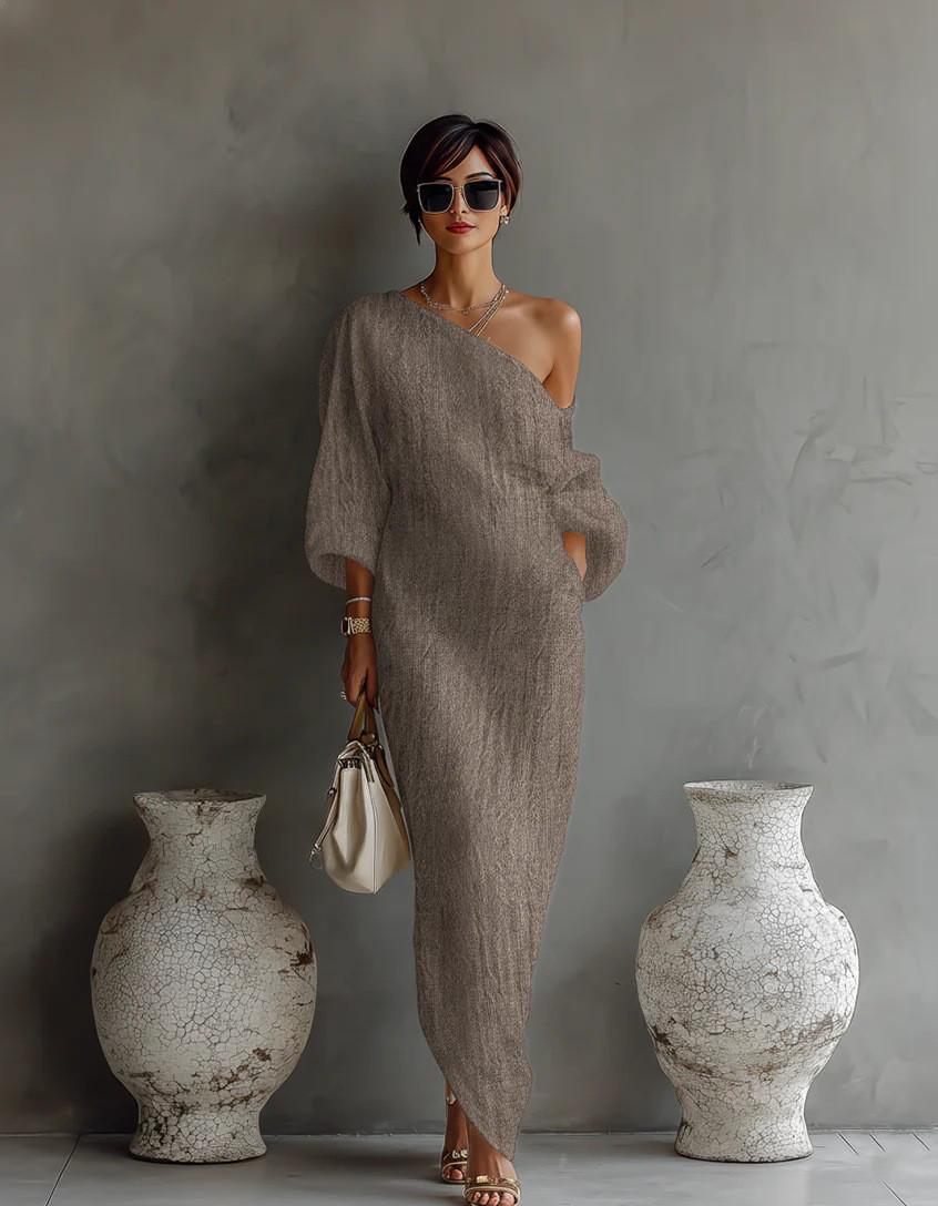 

Spring/Summer 2026 Europe High-end Women s Long Sleeve Off-the-Shoulder Mid-Waist Pullover Dress S хаки