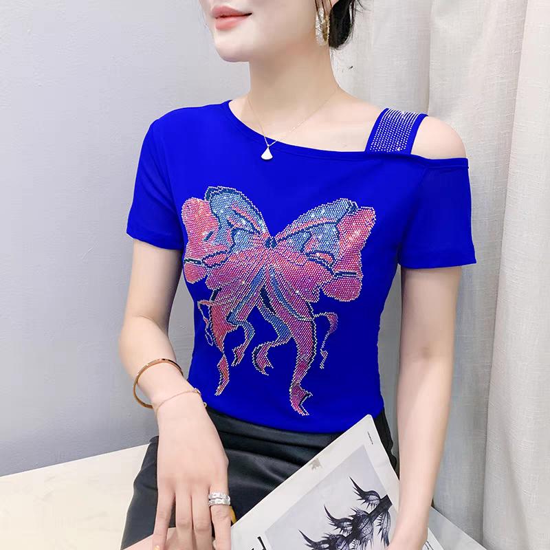 

Новая футболка женская с косым вырезом Hot Diamonds, сексуальный топ с открытыми плечами, рубашки, модная девичья футболка с короткими рукавами, облегающая 3XL синий