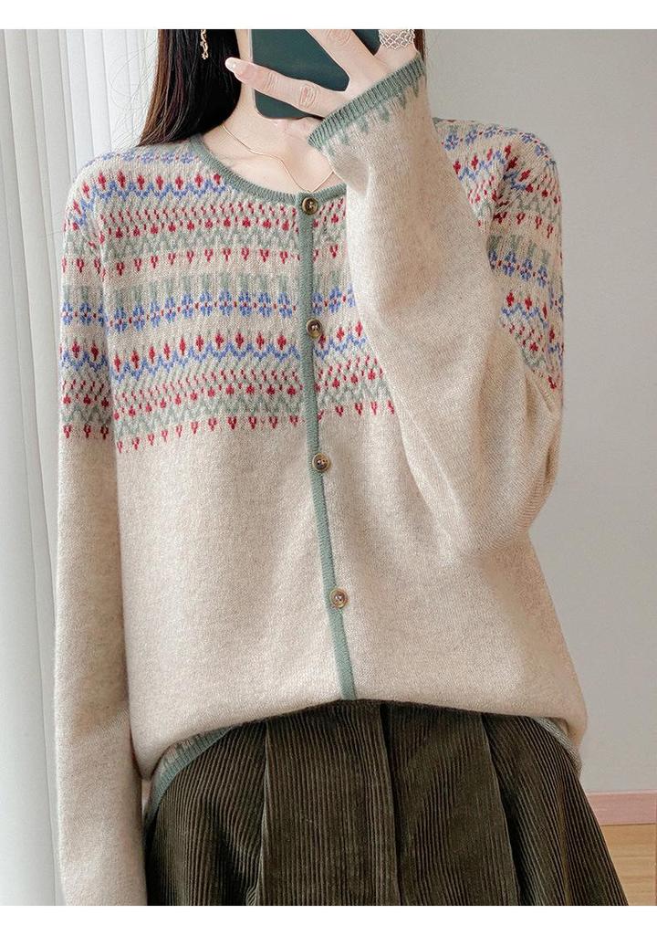Retro Contrast Color Silk Wool Jacquard Cardigan - Women's Loose Long Sleeve Knit Top