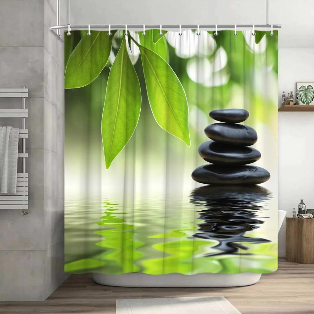 Green Bamboo Zen Stone Shower Curtains Lotus Flowing Water Zen Landscape Shower Curtain Home Bathroom Decoration Set with Hooks