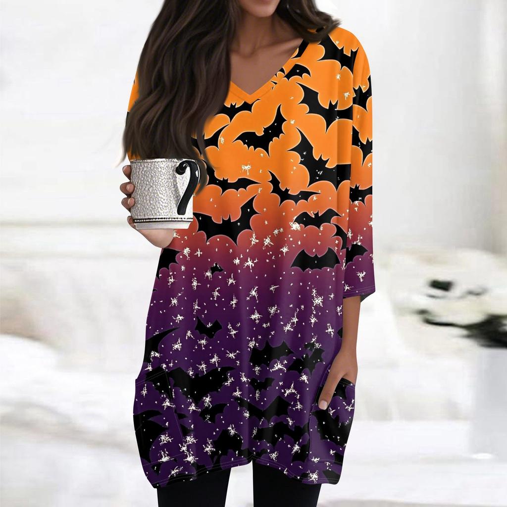 Womens Tops V-neck 3/4 Sleeve Blouses Casual Mid-length Shirts Fashion Halloween Print Tunic Tops With Pockets