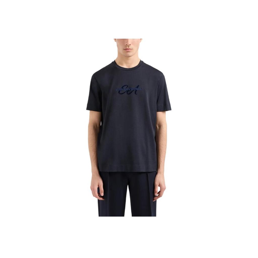 Emporio Armani FW24 Letter Logo Embroidered Crew Neck Short Sleeve T-Shirt Men Tops Navy-Blue 6D1TQ8-1JOCZ-0920