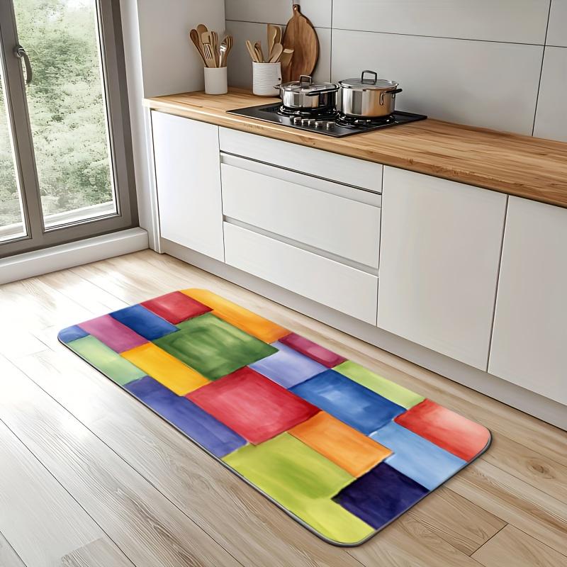 Tapis de bain en flanelle imprimé de carrés d'aquarelle colorés avec design d'art abstrait Tapis doux antidérapant pour salle de bain ou décoration intérieure