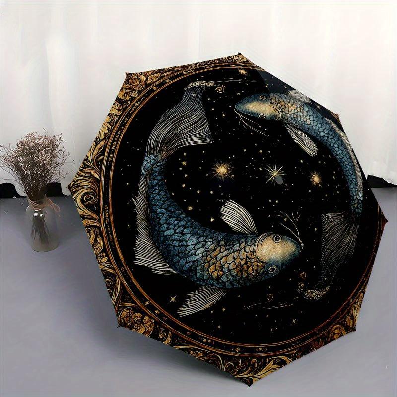 Golden Pisces Zodiac Sign Plate: Celestial Artwork Umbrella, Cute Umbrella with Cute Design, Portable 3-Fold Compact Umbrella for Men & Women, Valenti