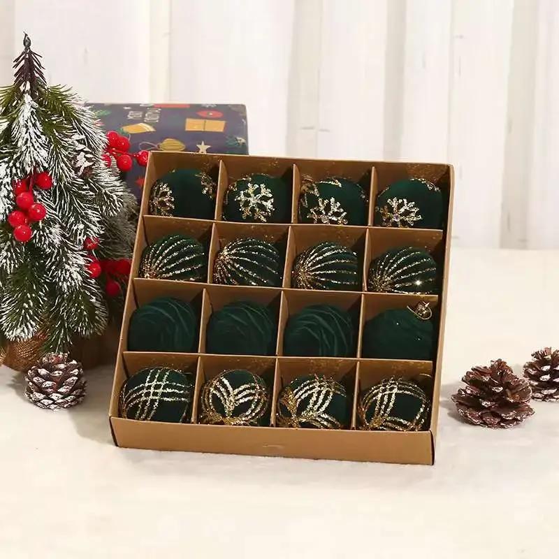 16pcs 6cm Wine Red Christmas Ball Ornaments Dark Green Pink Flocking Christmas Tree Party Decoration Christmas Spheres Pendant