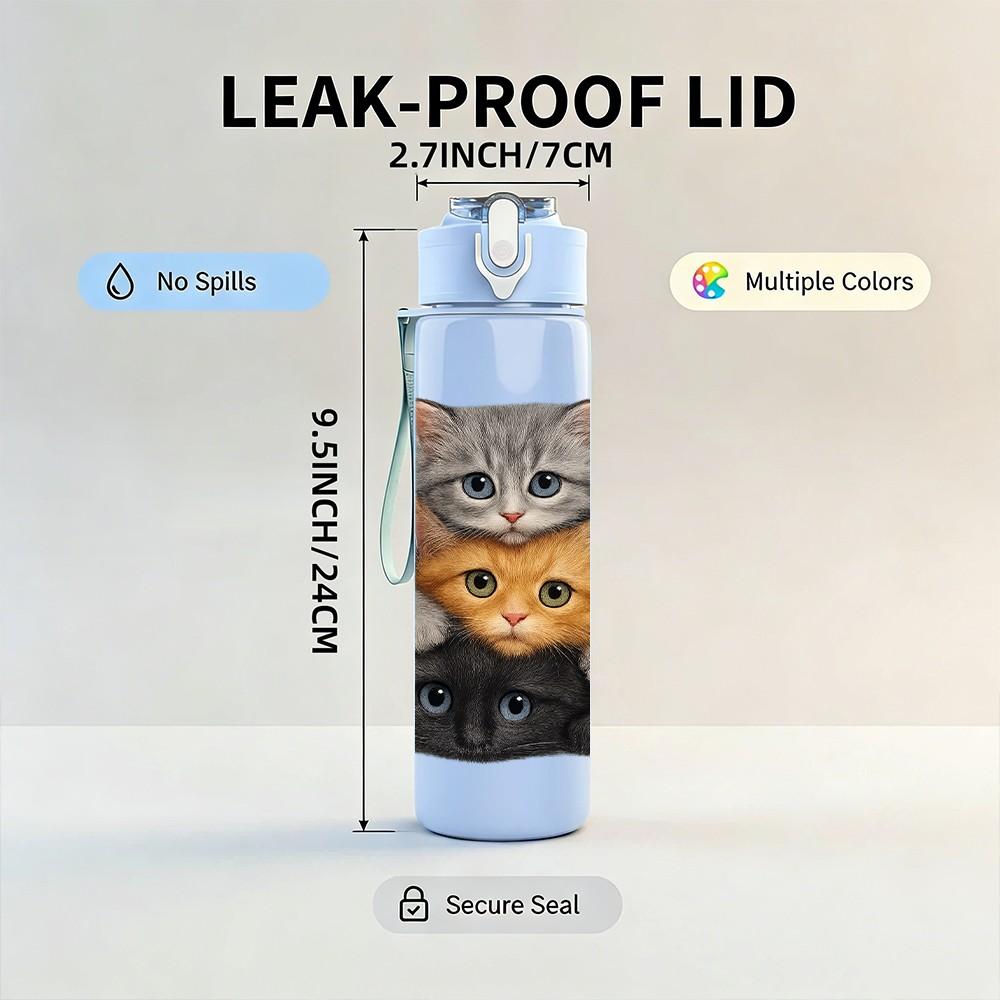 1PC Two Stacked Fluffy Cats 750ml Color Plastic Sports Water Bottle Leakproof Flip Straw Lid For Sports Office Home Use