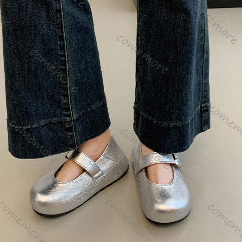 Fashion Comemore Flat Single Shoes Women Spring Autumn New Belt Buckle Round Toe Mary Janes Shoes Soft Leather Solid Platform Loafers