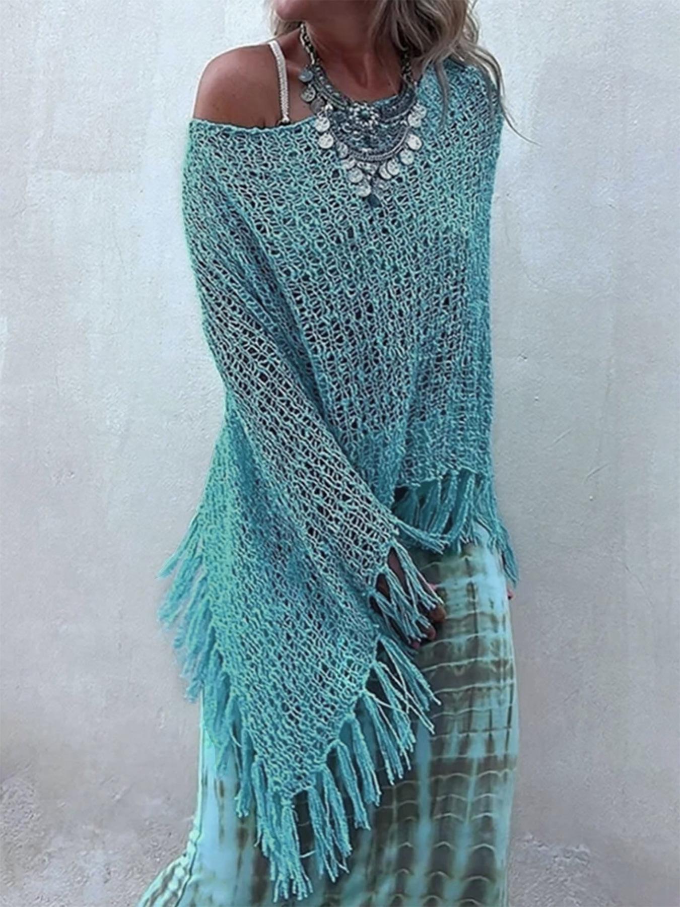 

Европейский и американский вязаный свитер на одно плечо с кисточками и вырезами, пляжная накидка Medium синий