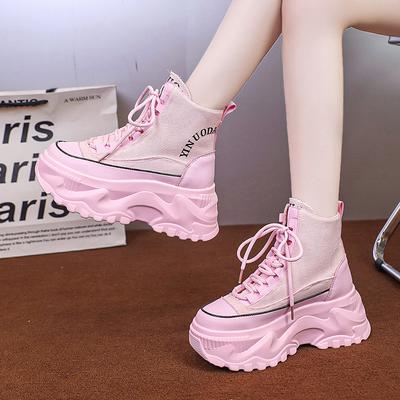 Mode 2024 Herbst Neue Canvas-Schuhe Allround Damen Sneaker High Top Casual Sportliche Dad-Schuhe Damen Tennisschuhe Pink Schwarz 7cm