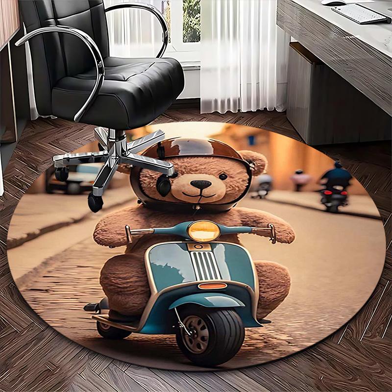 1pc Teddy Bear On Scooter Round Carpet - Anime Design, Office Chair Mat, Non-Slip Rug, Seasonal Gift, Suitable for Home Decor, Living Room, Bedroom, G
