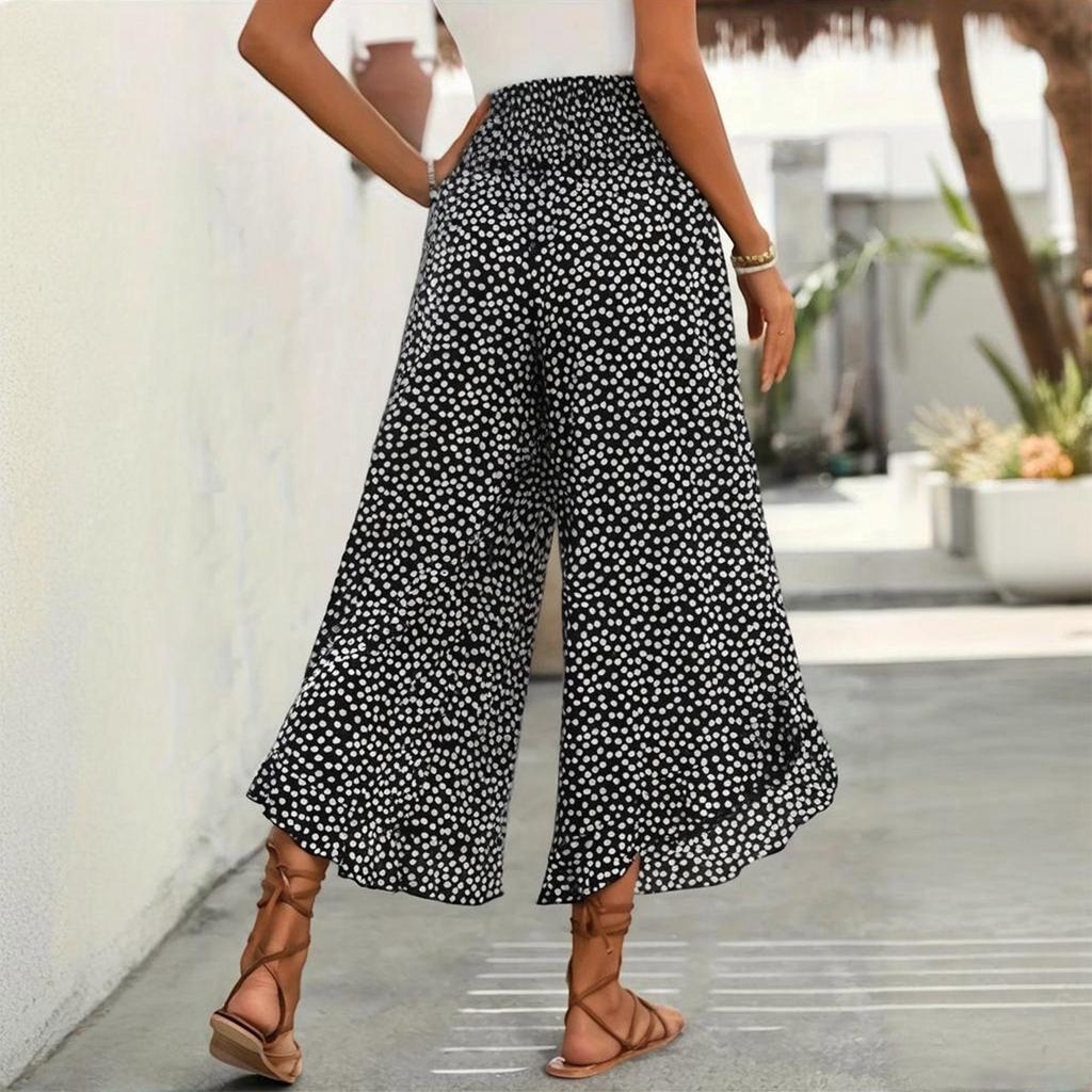 Women Casual Wide Leg Pants High Waist Loose Fit Polka Dot Print Elastic Waistband Palazzo Trousers
