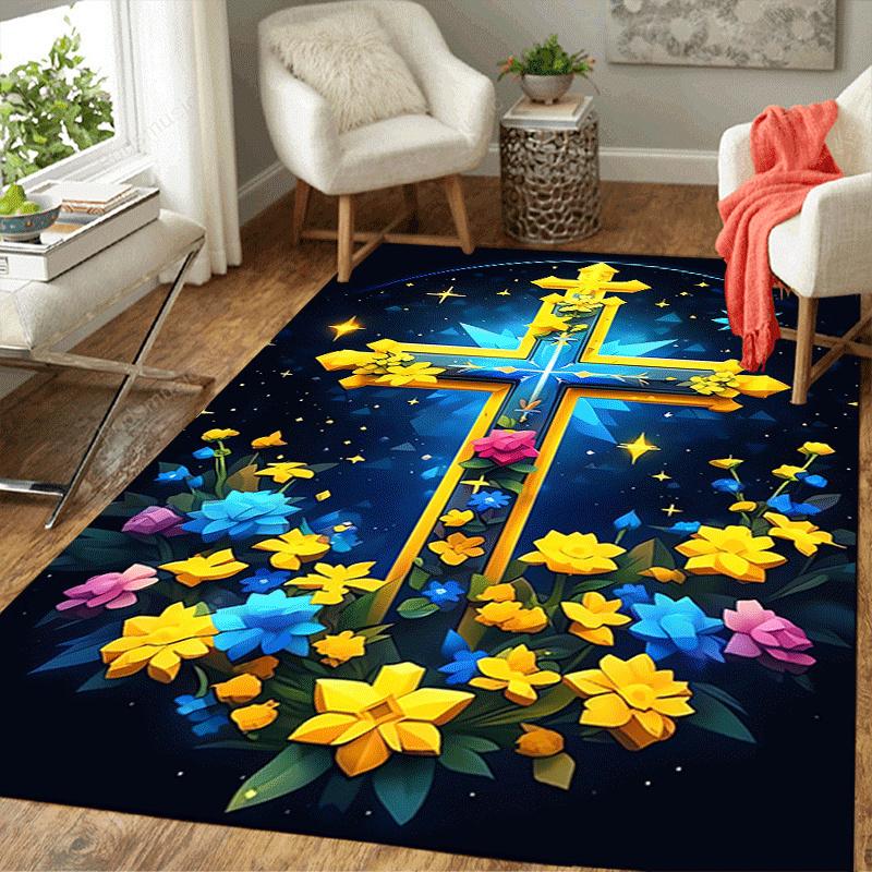 1 buc Covor pentru interior cu imprimeu Cruce acoperită cu flori, Design Moale, Antiderapant și Durabil, Decor pentru Cameră de Jocuri pentru Dormitor