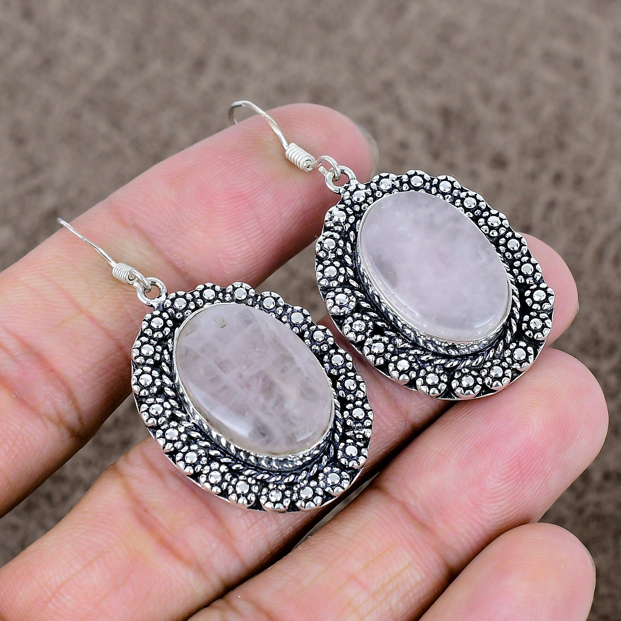 

Rose Quartz Gemstone Handmade 925 Sterling Silver Jewelry Earring 2.01 KKG-687