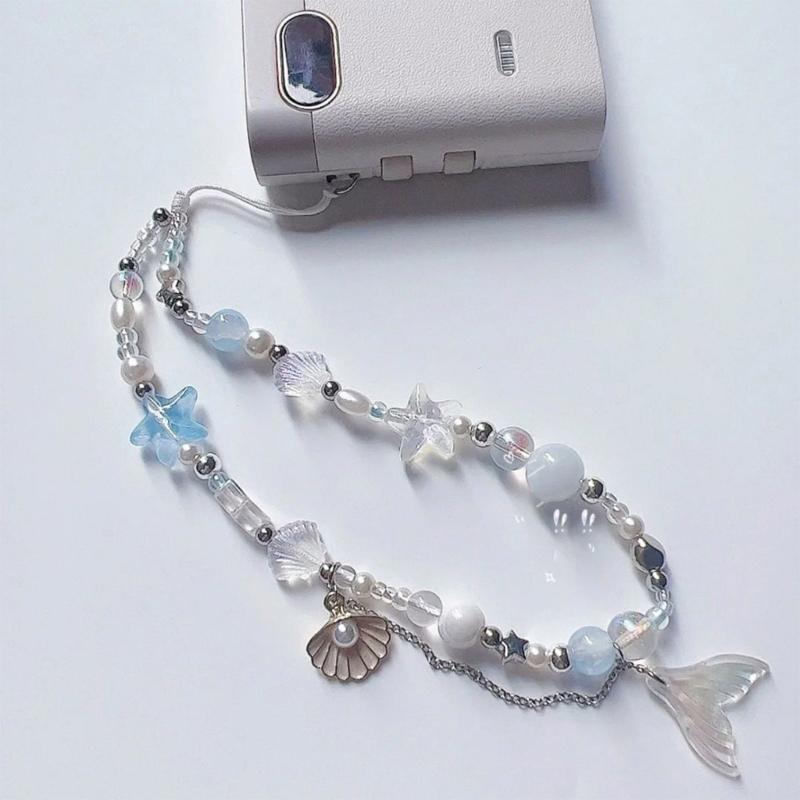 Cute Fish Tail Phone Chain Charm Straps Acrylic Beaded Shell Pendant Handmade Phone Lanyard Keychain Wristband for Bag