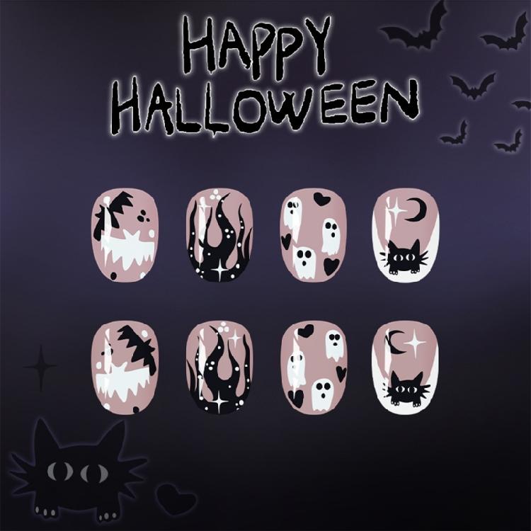 Halloween Press On Nail,Almond French Tips Fake Nail Acrylic Nail with Flower Bat Designs Stick On Nail for Womens
