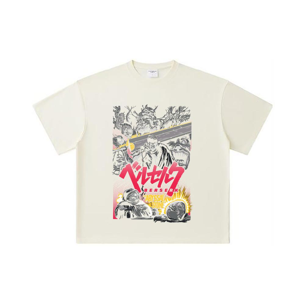 260 GSM Double Yarn 32 Count 100% Cotton Berserk V3 Abyssal Stone Print Unisex Heavy Cotton T Shirt