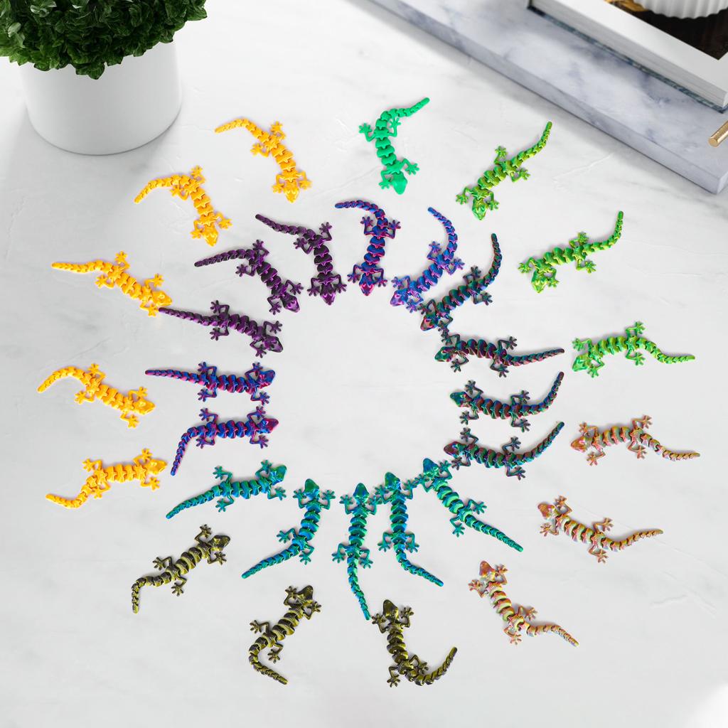 30 Stück 3D-gedruckter Gecko mit beweglichen Gelenken - Lustige Schreibtischspielzeuge, Zufällige Farben, Cooles Geschenk für Kinder & Sammler