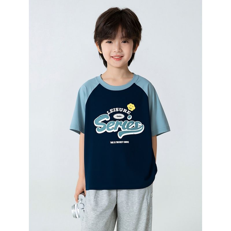 Children's Brand Raglan Sleeve Short-Sleeve T-Shirt 2026 Summer New Color-Blocking Printed Top for Boys and Girls Trendy Kids' Fashion