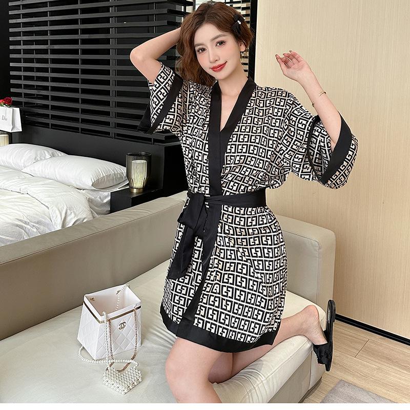 

Женская ночная сорочка большого размера из ледяного шелка с длинным рукавом - Весна/Осень, принт высокого класса, подходит для ношения на улице XXXL серый