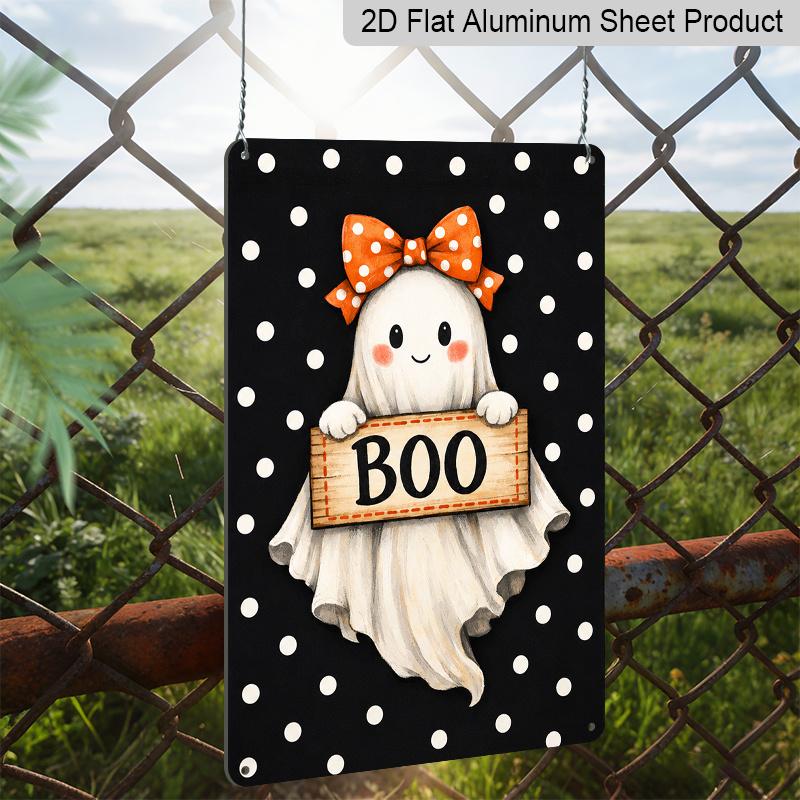 2D Flat Cute Ghost Boo Orange Bow Polka Dot Aluminum Metal Sign‑8.0x12.0inch Halloween Wall Decor, Spooky Sweet Ghost Hanging Plaque, Pre‑Drilled