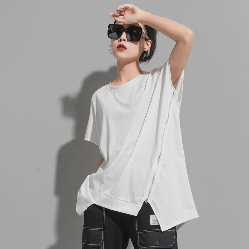 Summer Asymmetric Zipper Loose Round Neck Women's Fashion Pullover