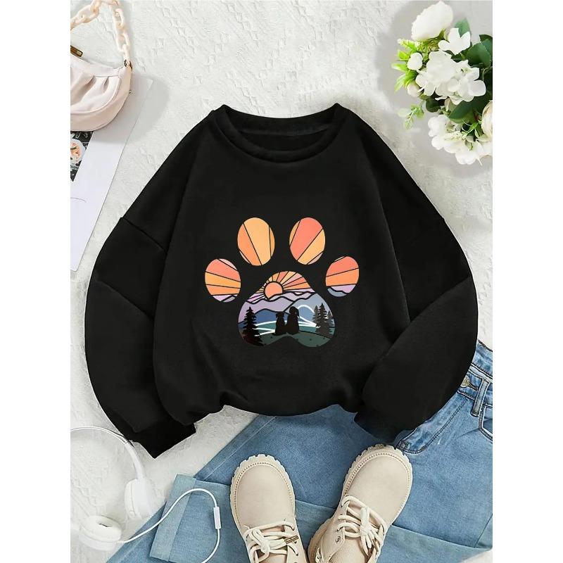 Kids Crewneck Sweatshirt, Sunset Mountain Tree Dog Paw Print, Spring Autumn Casual Sport Tops