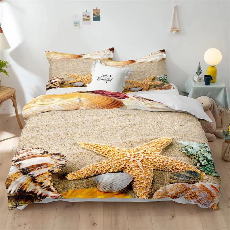 Beach Duvet Cover Set Seashell Starfish Bedding Set Microfiber Conch Scallop Print Comforter Cover Double Full For Kids Adults