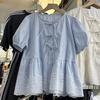 Blue French Vintage Bubble Sleeve Shirt for Women Summer Flowy Loose Fit Tummy Cover Casual Top