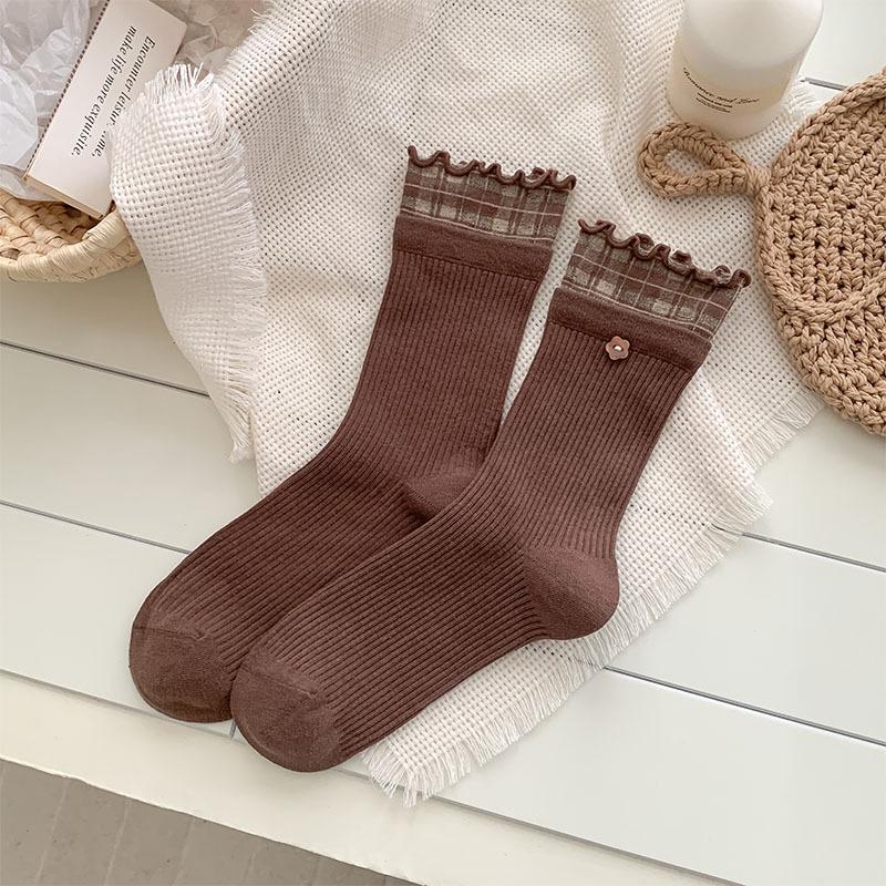 Ins-Style Double-Ribbed Plaid and Lace Mid-Calf Socks for Women - Korean Style, Perfect with Leather Shoes, Slouchy Fit