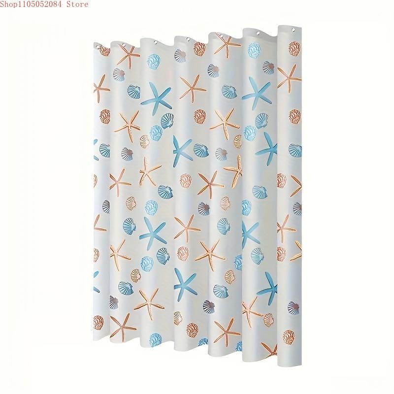 red blue shell plastic shower curtain set featuring   -   With Hooks Waterproof Mildew Proof Easy Install Washable