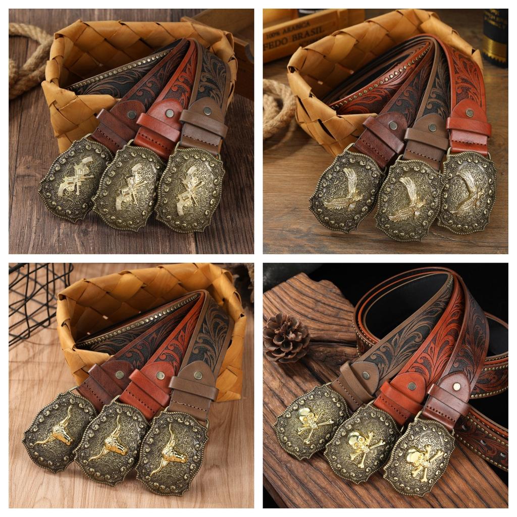 Vintage Western Denimbelte Ku hode Stor plate spenne Denim Gravert Etnisk stil Herre Punk PU lærbelte
