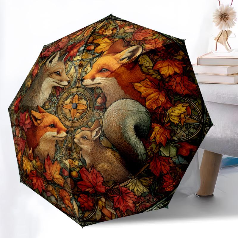 0106 Leaf Fox  Pattern, Automatic Folding Umbrella, Portable and Foldable Design, 8 Ribs, a Christmas or Birthday Gift.