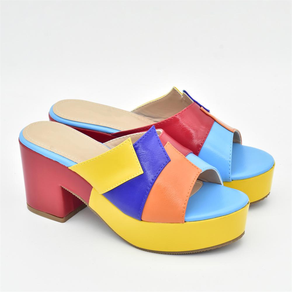 Women's Rainbow Patchwork Slip-On Chunky Heel Sandals