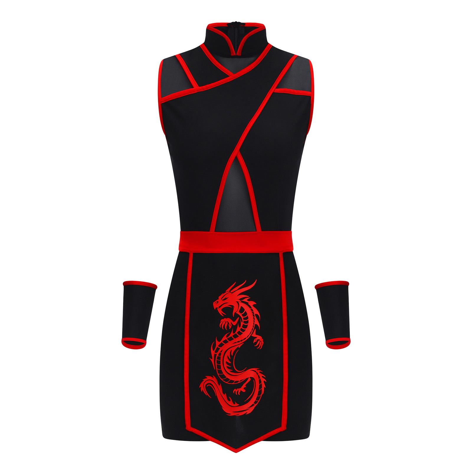 

Жіночий костюм ніндзя, комір-стійка, без рукавів, сітчаста вставка, потайна застібка-блискавка ззаду, принт дракона, фартух, нарукавники, набір для косплею XXL червоний