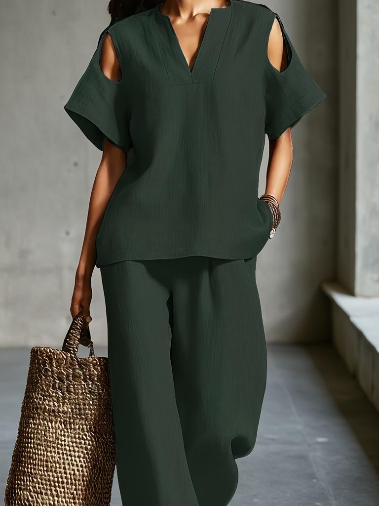 Women Blue Cold Shoulder Two Piece Set V Neck Short Sleeve Top and Wide Leg Pants Summer Casual Tracksuit