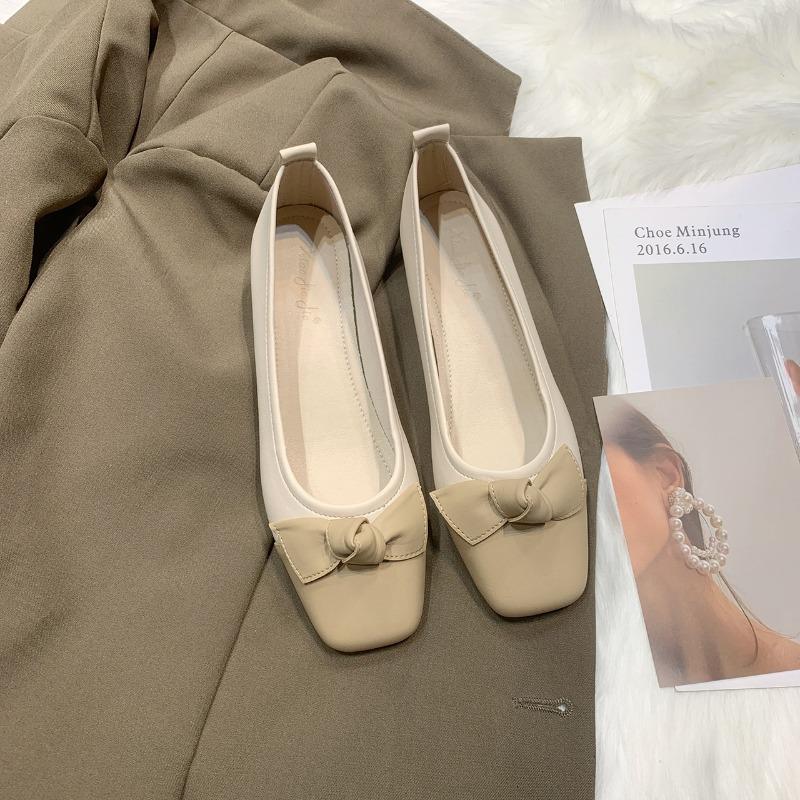 Fashion Women's Thick Heel Single Shoes Autumn New Square Head Light Mouth Matching Color Butterfly Knot Non-slip Low Top Shoes