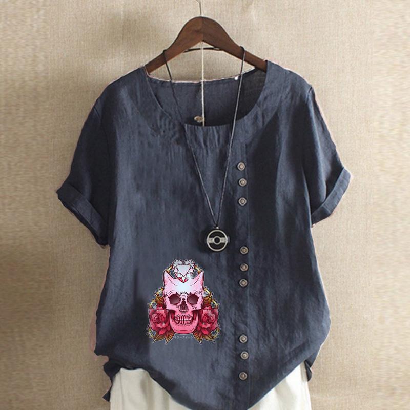 Women's Fashion Round Neck Short Sleeve T-shirt Casual Cotton Linen Graphic Shirt Leisure Loose Flower Prined Summer Blouse Tops