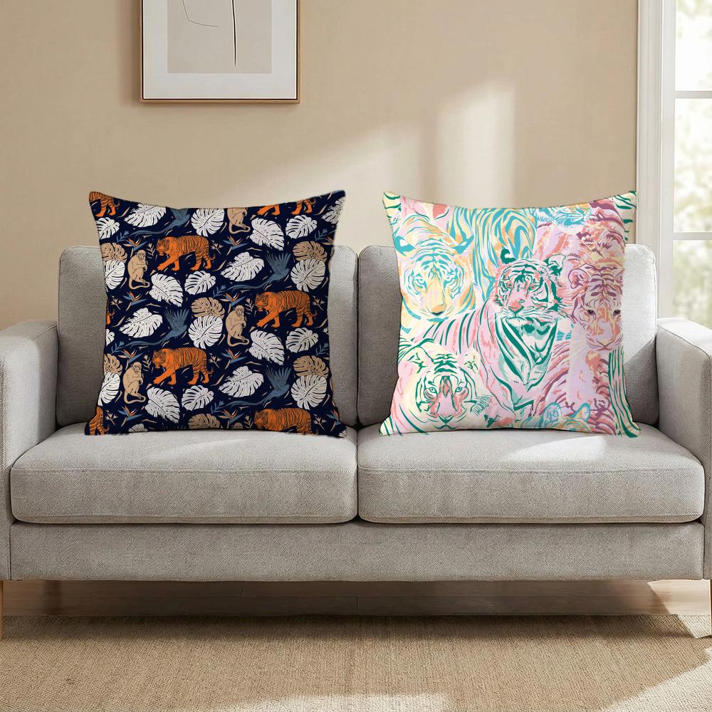 Tropical Tiger Pattern Cushion Cover Multi-Scene Pillow Cover for Home & Car - Reversible, Soft & Durable for Daily Use