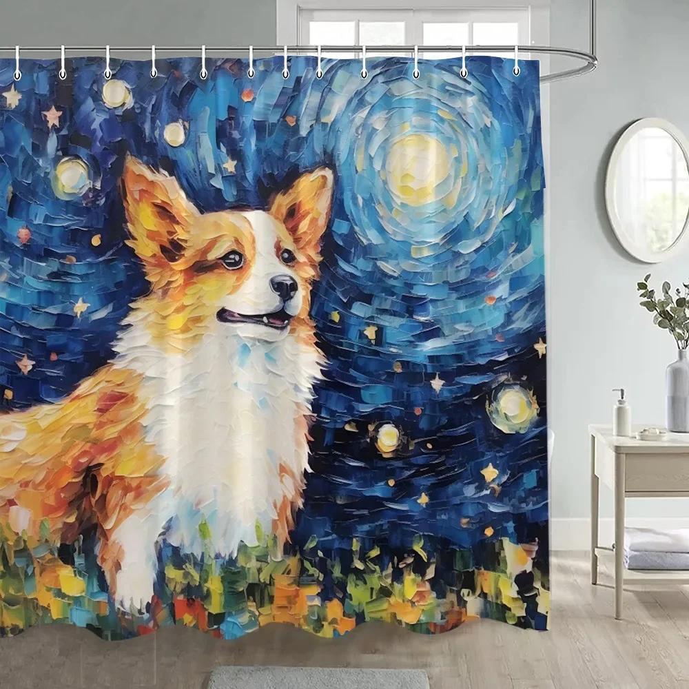 

Cute Dog Shower Curtains Funny Animal Starry Sky Oil Painting Art Modern Polyester Fabric Bathroom Curtain Decorative With Hooks W60H190(CM)-1 Pcs