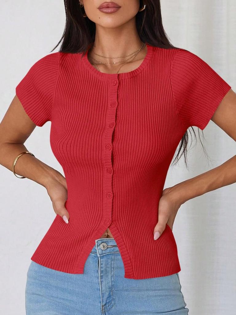Damen Rippstrick Cropped Cardigan Kurzarm Knopfleiste Figurbetont Pullover Top