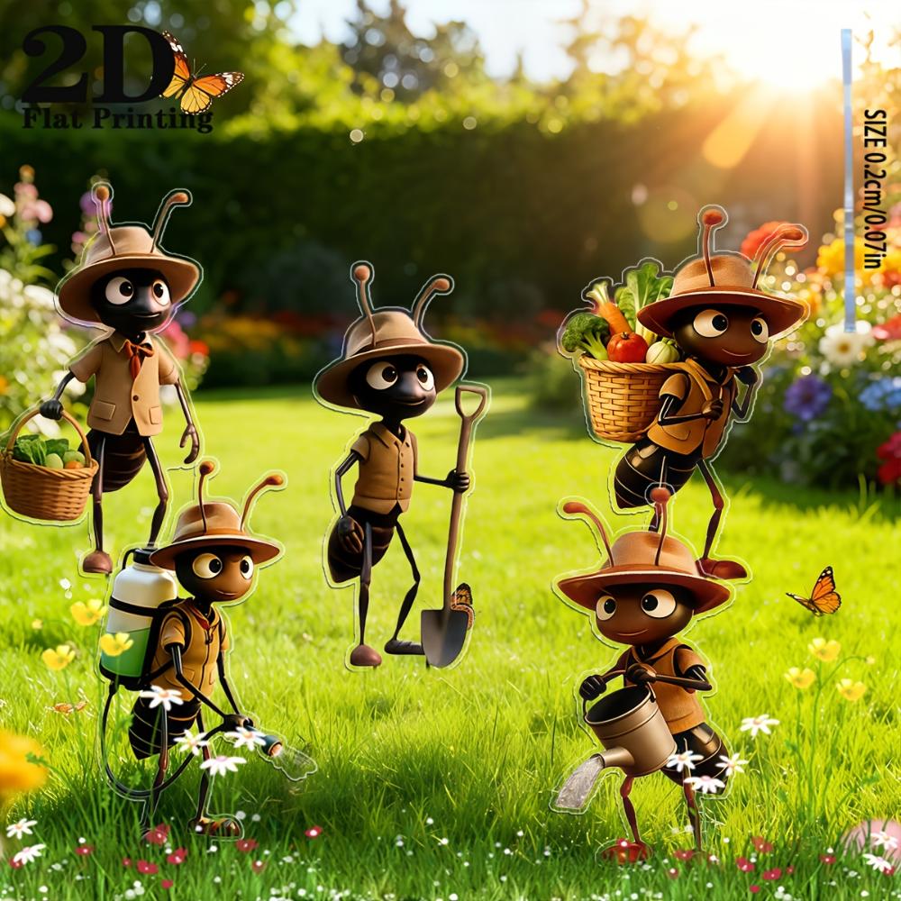 2D Flat 5Pcs Ant Acrylic Garden Decor Set Reusable For Yard Lawn Planter Outdoor Ornaments Gift