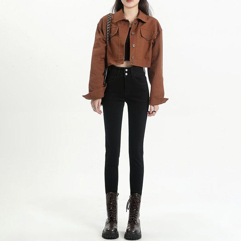 Women s Black Velvet High-Waisted Skinny Jeans - Slimming, Stretch, Double Button, 2025 Autumn Trend 30