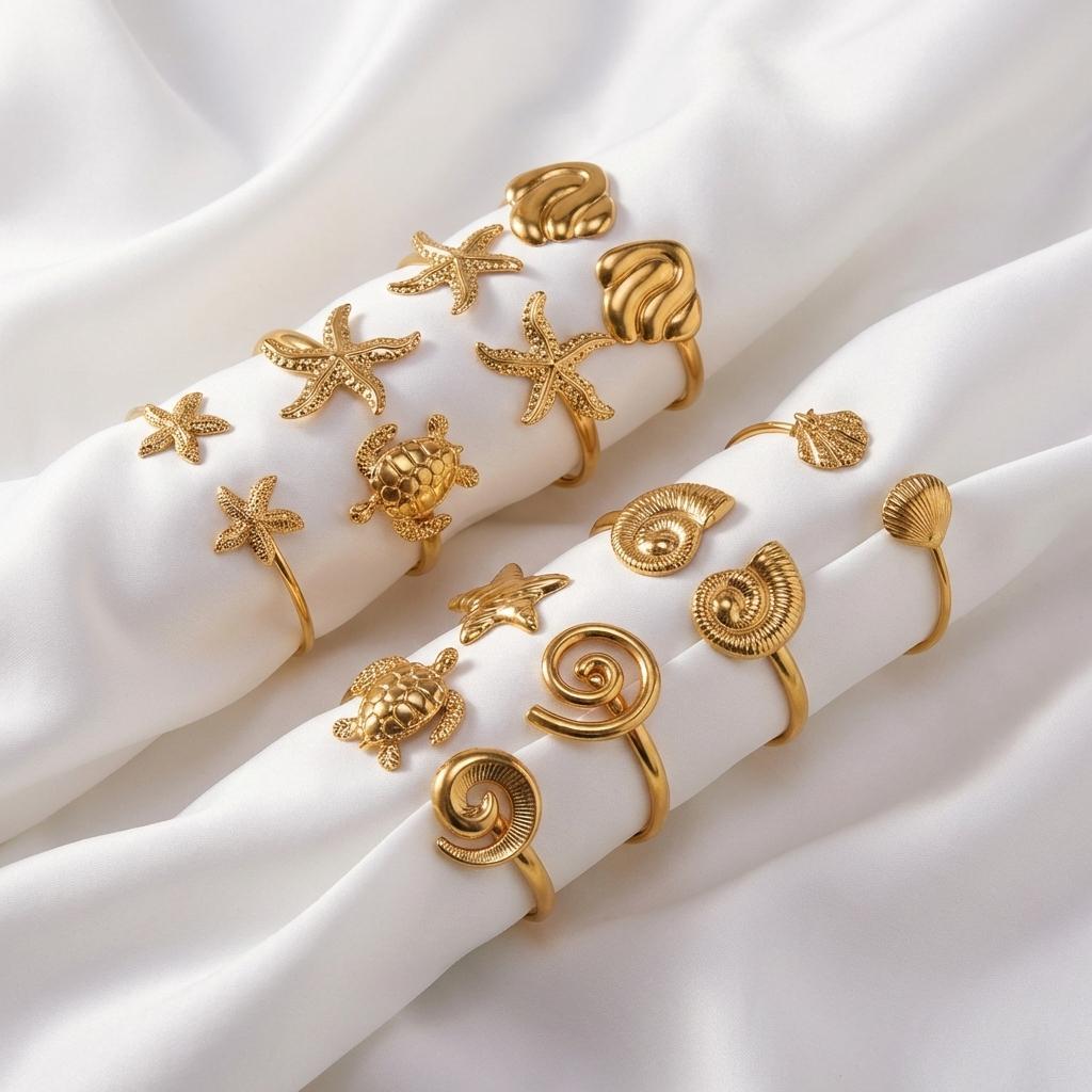 Women's Dainty Spiral Stainless Steel Cuff Bracelets Multilayer Shell Starfish Open Bangle Summer Beach Jewelry Gift