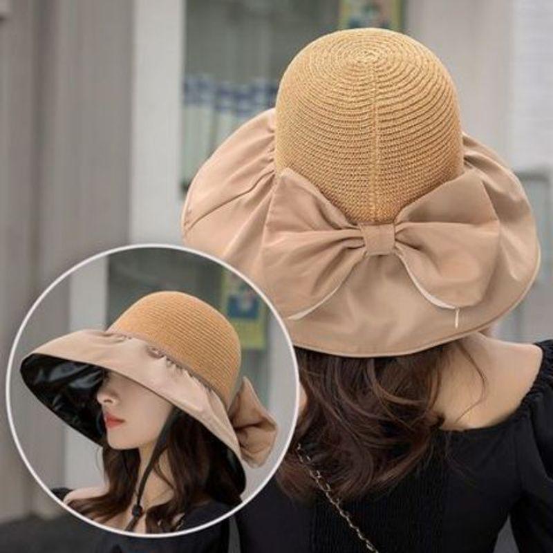 

Vinyl Bow Fisherman Hat Women s Summer K-style Hollow Cap UV Big Brim Sun-Proof Sun Protection Hat Tide Khaki [storage Money]